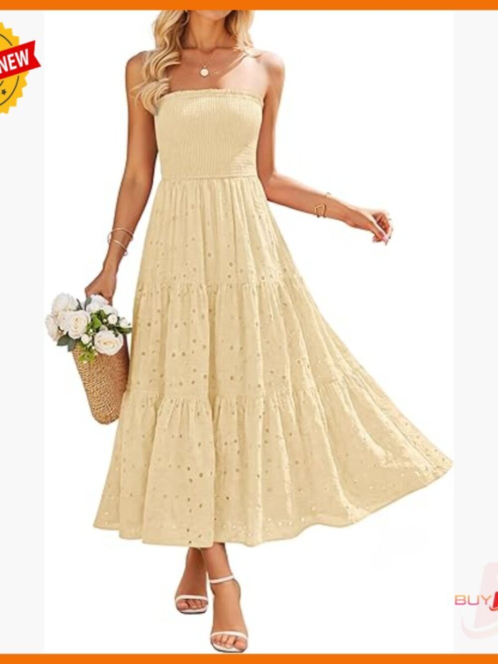 Strapless Smocked Midi Dress with Eyelet Embroidery and Pockets